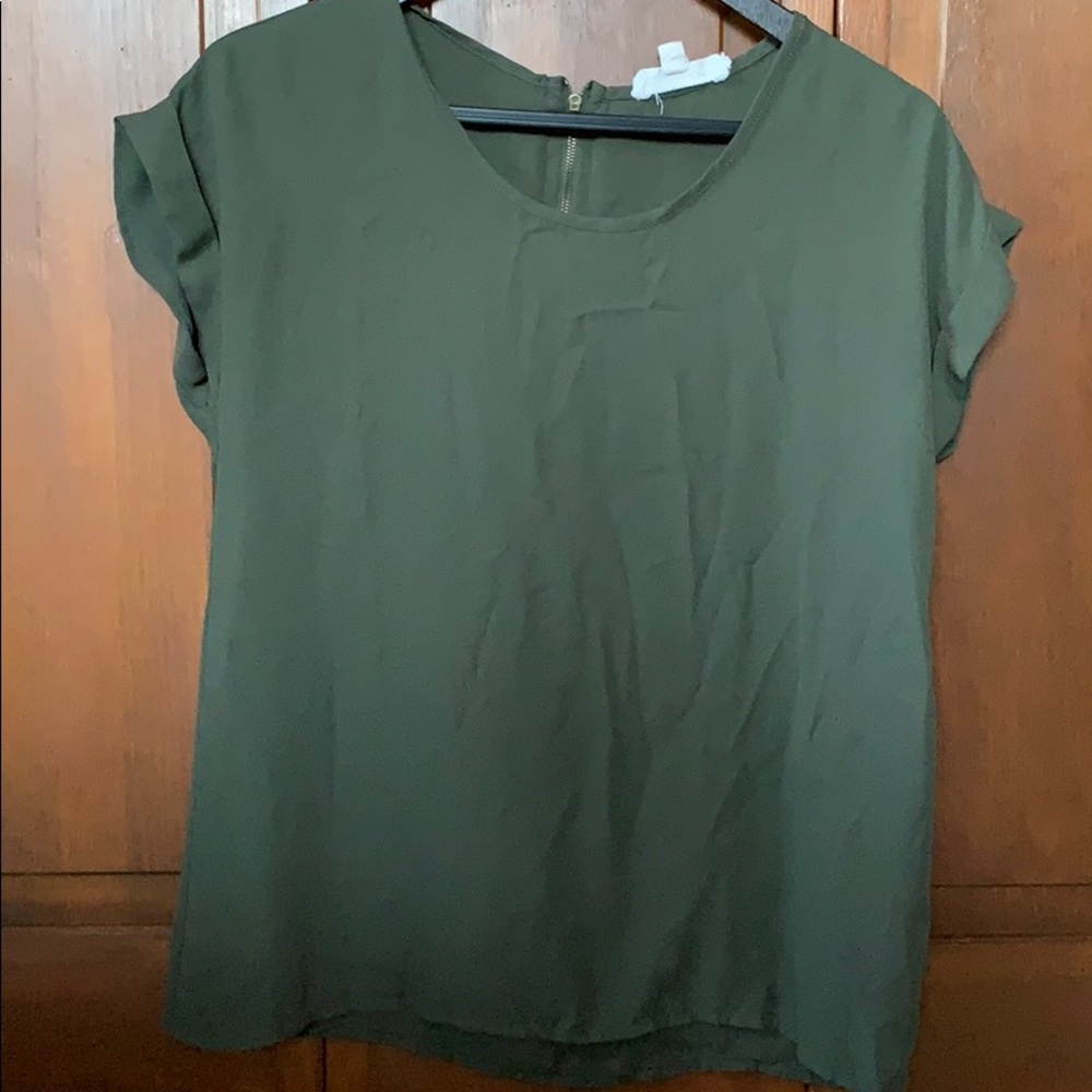 Olive green, silk shirt; gently worn